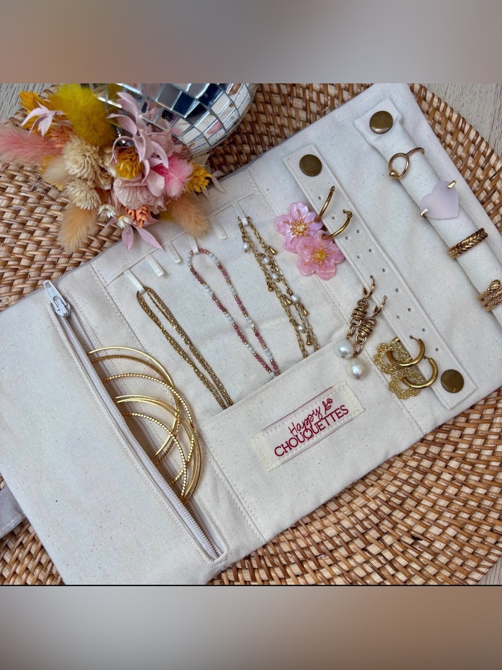 Mauve + Cream print Jewelry Roll Organizer